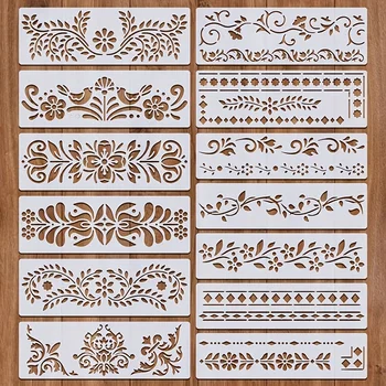 11,8 Zoll Randmuster Malerei Schablone Set Wiederverwendbare Kunststoff Vorlage für DIY Handwerk (13 Stück)