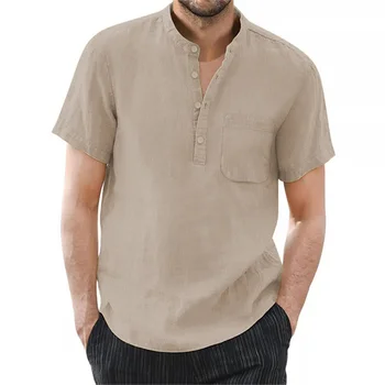 Herren Kurzarm T-Shirt Baumwolle und Leinen Casual Herren T-Shirts Einfarbig Sommerhemd Männlich Gemütlich