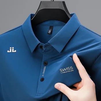 Herren-Business-Casual-Kurzarmhemd mit Abzeichen, einfarbiges Poloshirt, modisches, atmungsaktives, bequemes