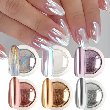 Chrom-Spiegel Weißes Nagelpulver Pigment Gold Silber Reibpulver Holographisches Aurora Schillerndes (6 Stück)