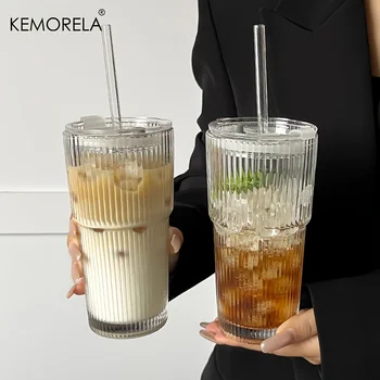 600 ml Streifen-Glas-Kaffeetasse mit Deckel und ohne Deckel, Strohhalm, transparente Trinkgläser für Saft