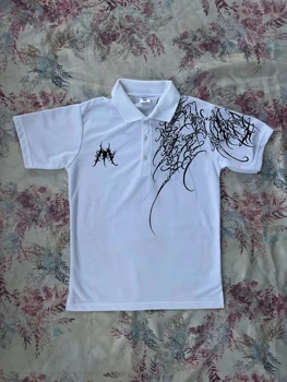 Y2K Poloshirt Print Rock Goth Übergroßes T-Shirt Hip Hop Button-Down-Kragen Hemd Punk Casual Tee
