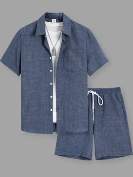 Sommerliches Herren-Set aus Baumwolle und Leinen mit Revers-Kurzarmhemd und Shorts, locker sitzendes