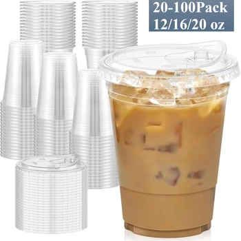 16oz/20oz Klare Plastikbecher mit Deckeln Robuste Eiskaffeebecher mit Trinkdeckeln Einweg-Plastikbecher