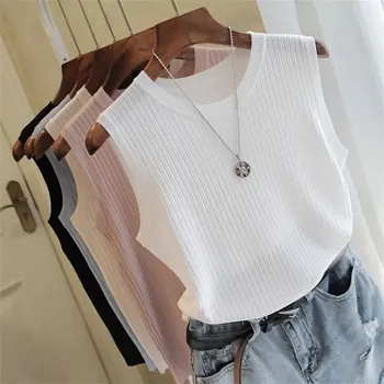 2026 sommer Neue Mode Gestrickte Westen Oansatz Ärmellose Beiläufige Dünne Tops Ärmellose Bluse Frauen Hemd