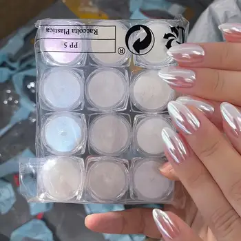 Aurora Weiß Nagel Spiegel Pulver 0,3g/Glas Schimmer Mondlicht Chrom Pigment Staub für UV Gel (12 Stück)