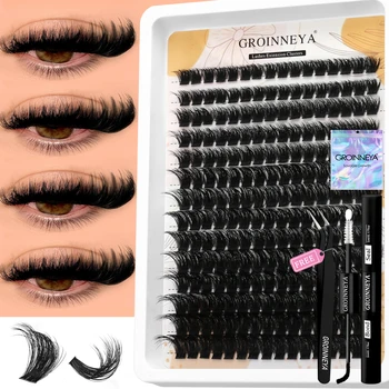 GROINNEYA Wimperncluster-Set mit wasserdichtem, starkem Halt, DIY-Wimpernverlängerungsset, Wimpernbindung