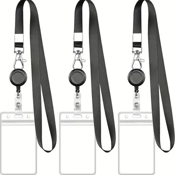 Schwarzes einziehbares Ausweishalter-Set mit Karabinerverschluss und wasserdichtem PVC-Kartenhalter