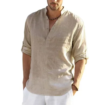 Männer Casual Bluse Baumwolle Leinen Hemd Lose Tops Langarm T Shirt Frühling Herbst Casual Hübsche männer