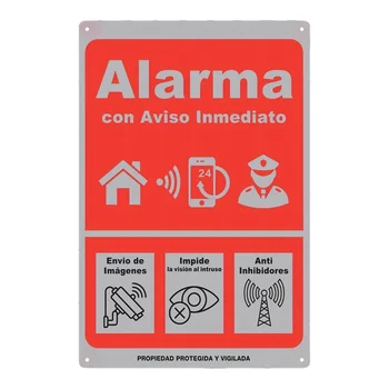 Alarmschild mit sofortigem Alarm - Wanddekoration aus Eisen, rot mit weißen Symbolen, Anti-Intrusionssicht
