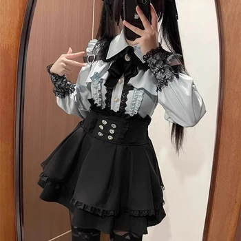 Jirai Kei Hemd JK Rock Japanischer Stil Lolita Y2K Süße Schuluniform Bluse Top Kleid Dunkles Outfit Damen