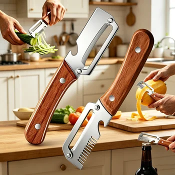 Multifunktionaler Gemüseschäler aus Edelstahl mit Holzgriff, Obst- und Kartoffelschneider, Flaschenöffner