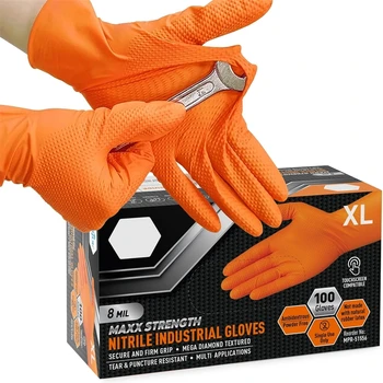 Robuste orangefarbene Nitrilhandschuhe, 8 Mil, industrielle Einweghandschuhe mit rautenstrukturiertem Griff