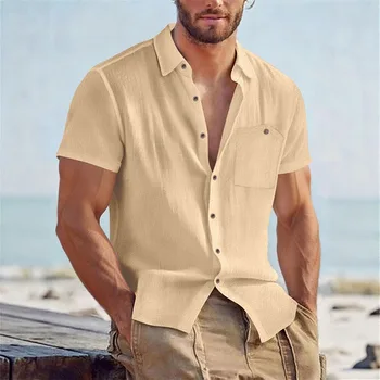 Herren Leinen-Mischgewebe Kurzarm-Hemd mit Knopfleiste, Lässiges Strandhemd mit Brusttasche, Atmungsaktives